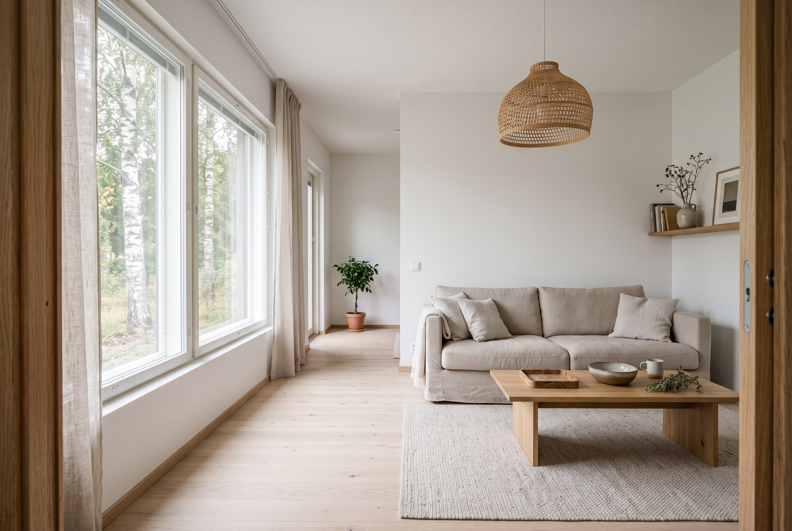 Calm Nordic living room with oak floor, linen sofa and rattan pendant