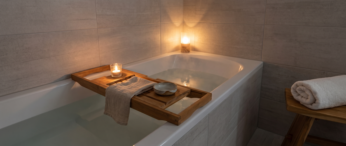 Bathtub with teak caddy tray and candle