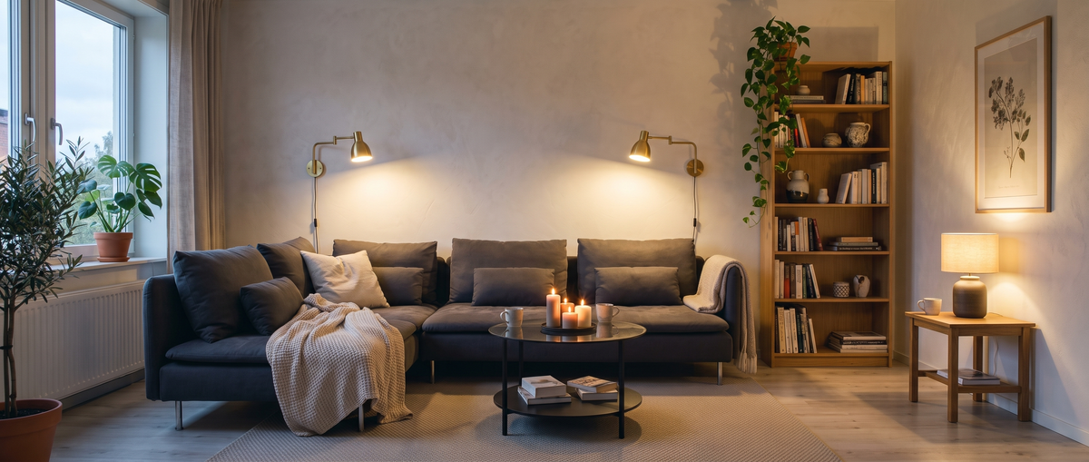 Living room in the evening with two brass wall sconces above a grey sofa