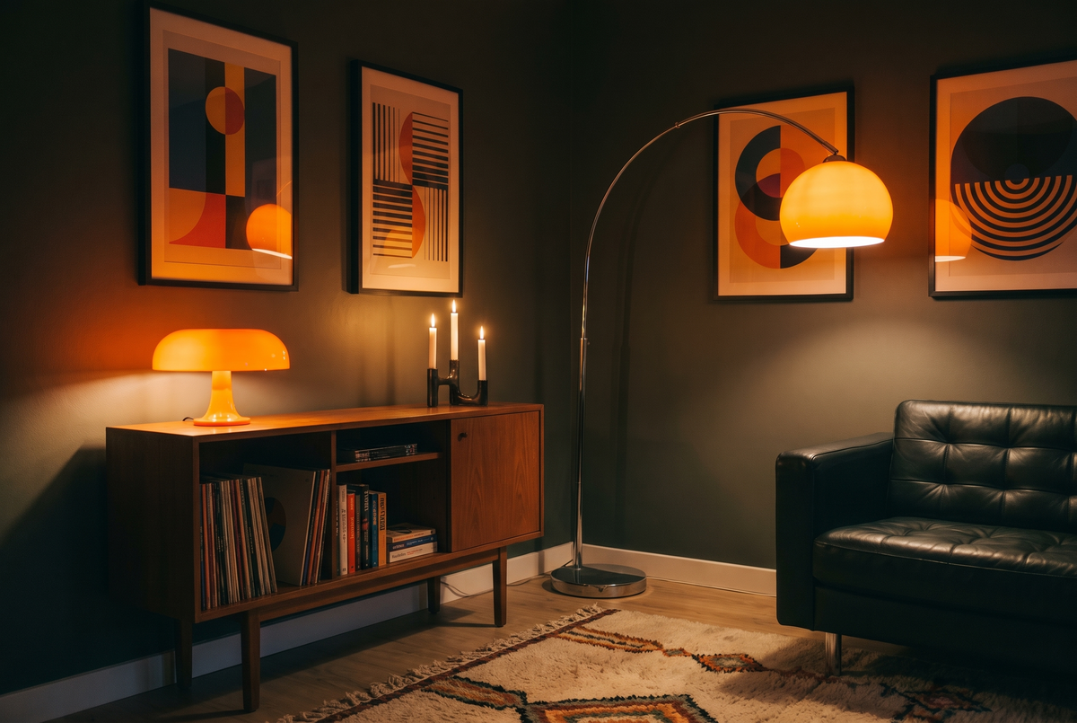 Evening living room with orange lamps