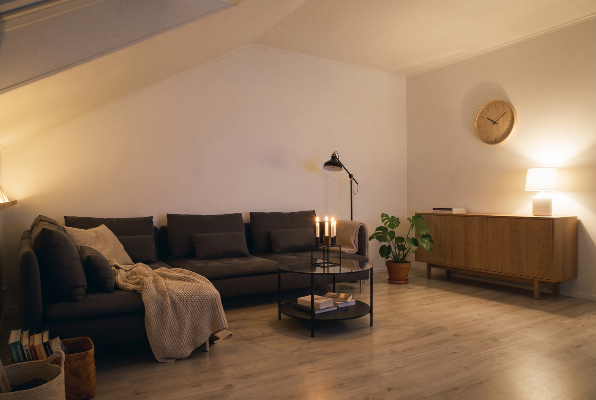 Finial Interiors living room with wall clock and lamp