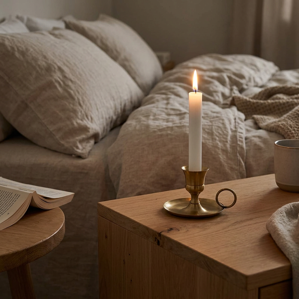 Metal Chamberstick Candle Holder with Handle, lifestyle photo