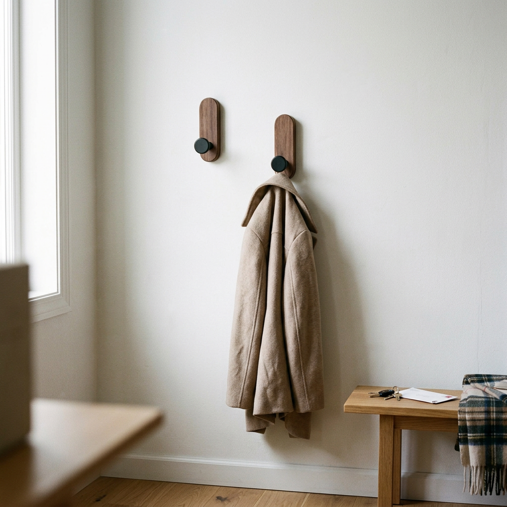 Walnut Wood Wall Hooks Set of 2, lifestyle photo