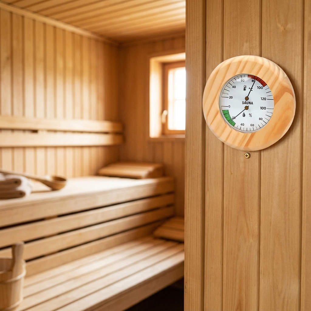 Wooden Sauna Thermometer and Hygrometer, lifestyle photo
