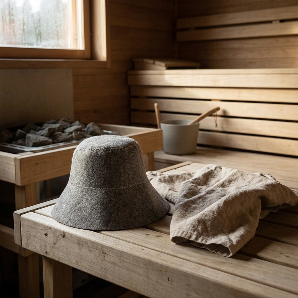 Thick Wool Felt Sauna Hat, lifestyle photo
