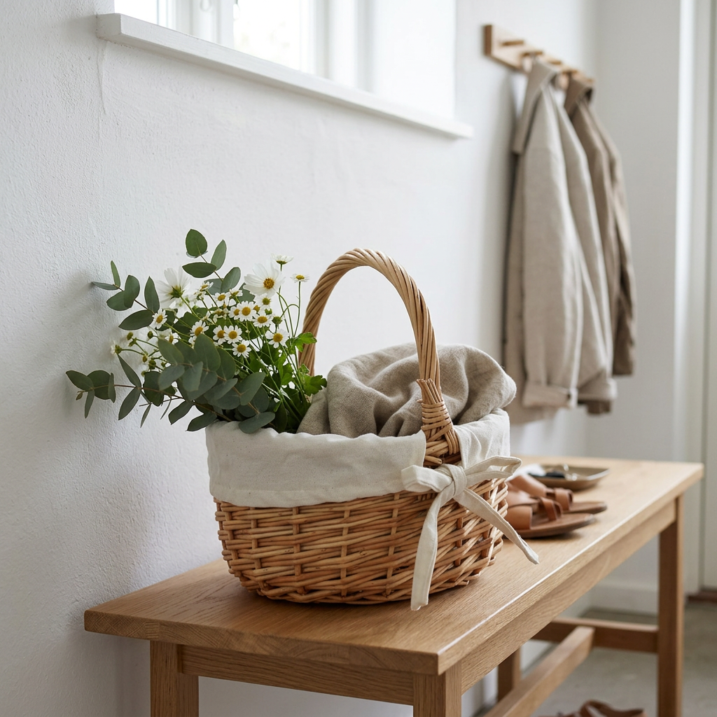 Rattan Tote Basket with Washable Lining, lifestyle photo