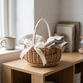 Wicker Basket with White Handle and Bow, lifestyle photo