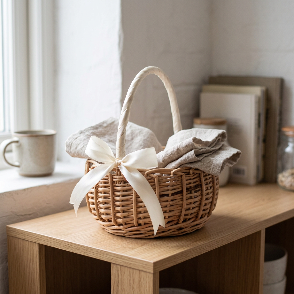 Wicker Basket with White Handle and Bow, lifestyle photo