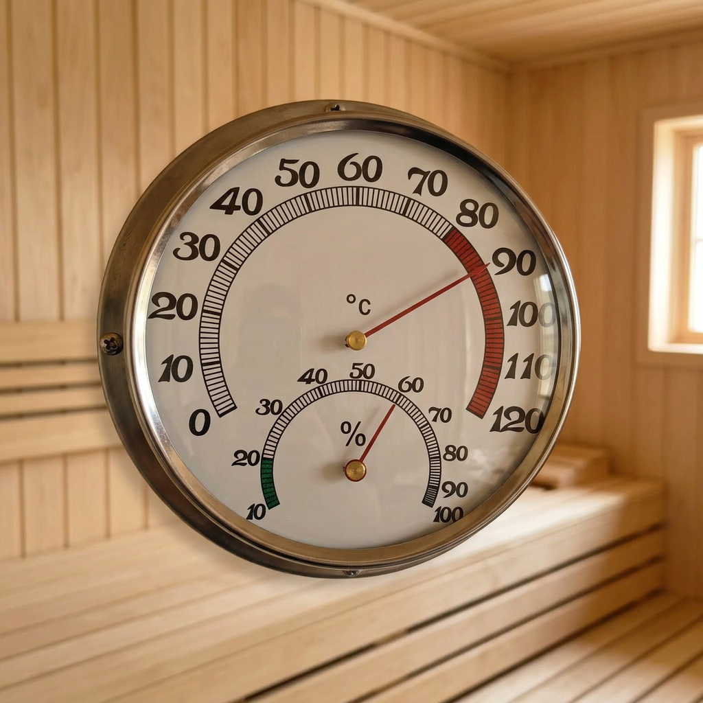 Stainless Steel Sauna Thermometer and Hygrometer, lifestyle photo