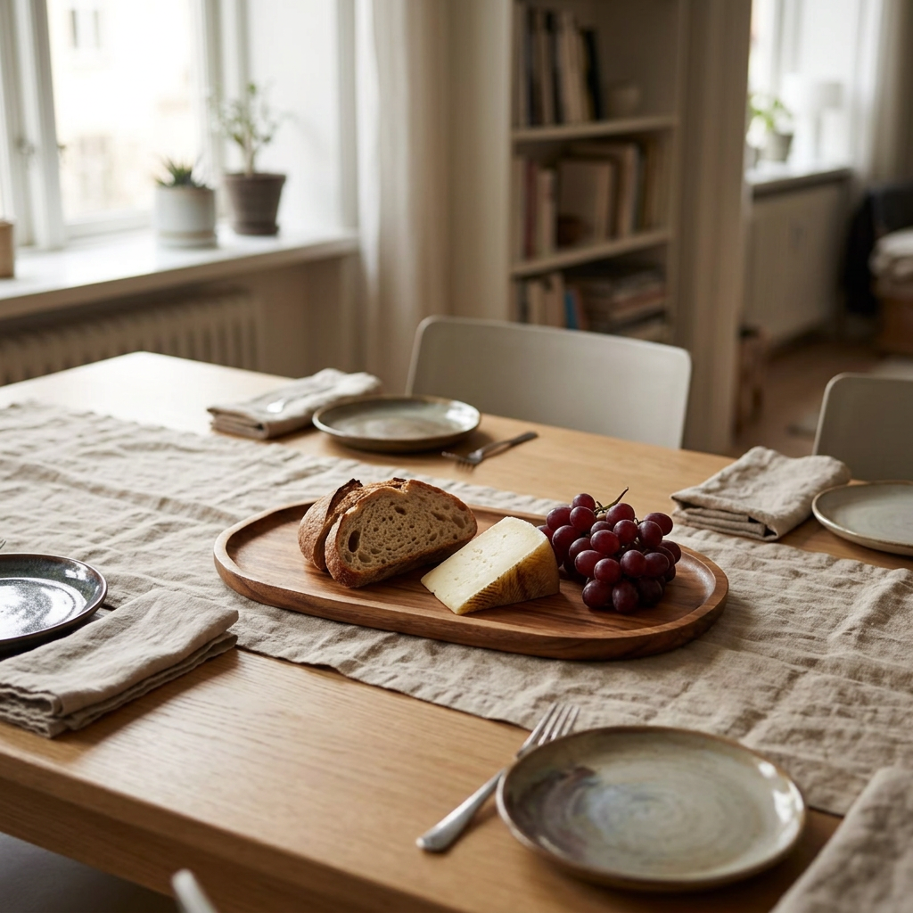 Serving Set: Wabi Sabi Acacia Platter with 6 Washed Cotton Napkins, lifestyle photo