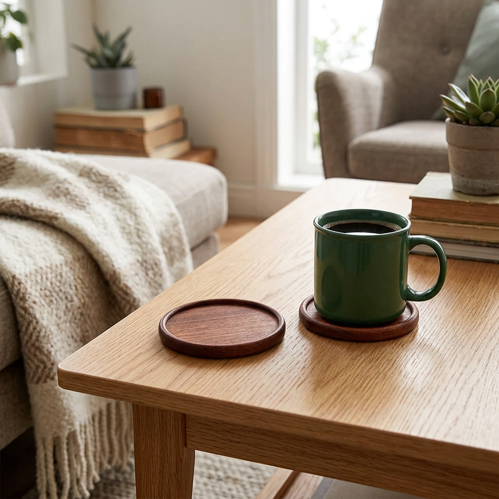 Walnut and Beech Wood Coasters Set of 2, lifestyle photo