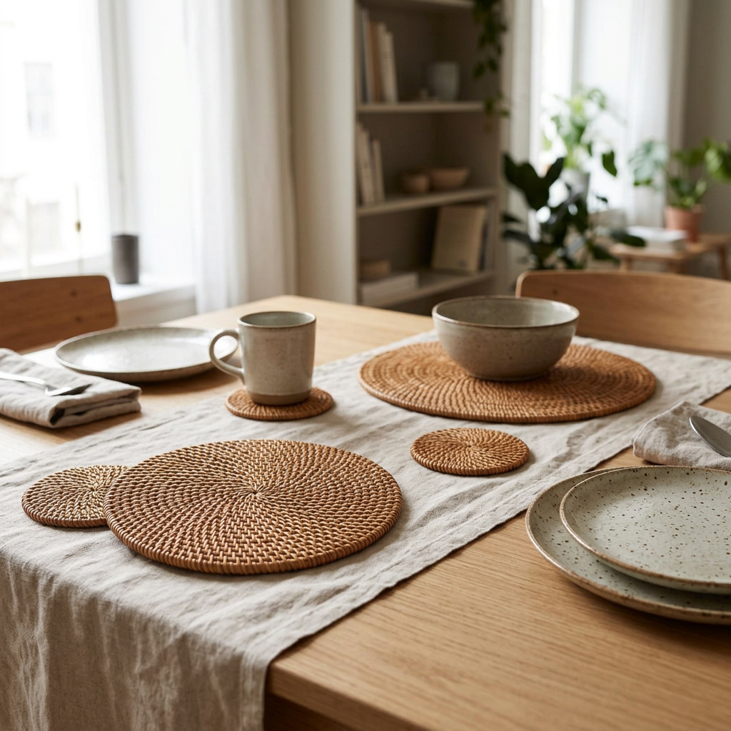 Handwoven Rattan Coasters, lifestyle photo