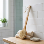 Long Handle Wooden Bath Brush, bathroom accessory, lifestyle photo