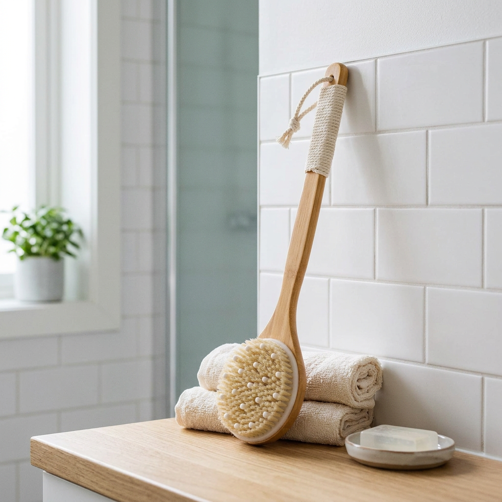 Long Handle Wooden Bath Brush, bathroom accessory, lifestyle photo