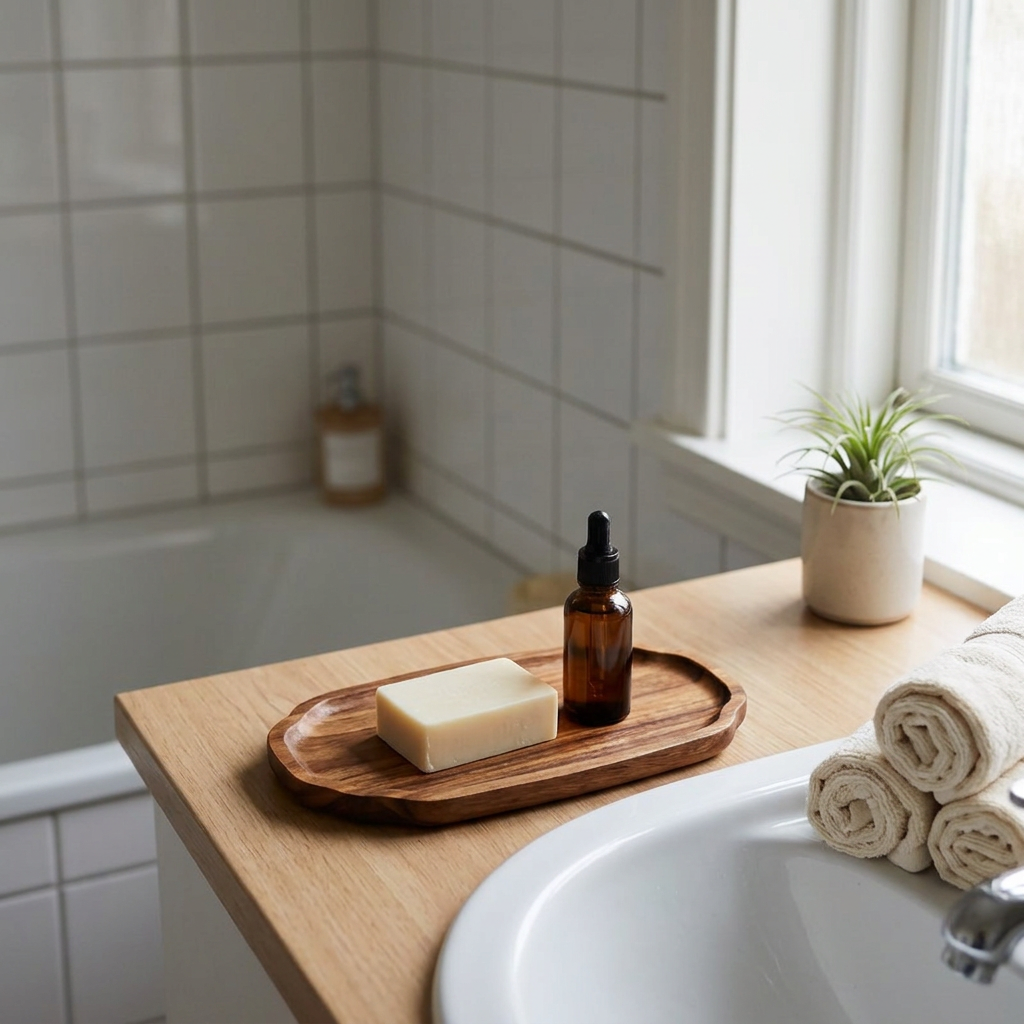 Acacia Wood Sink Tray, bathroom accessory, lifestyle photo
