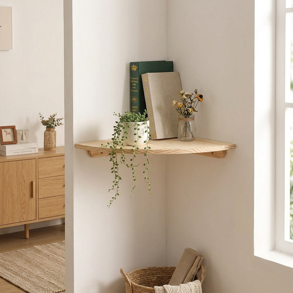 Round Wooden Corner Shelf, lifestyle photo