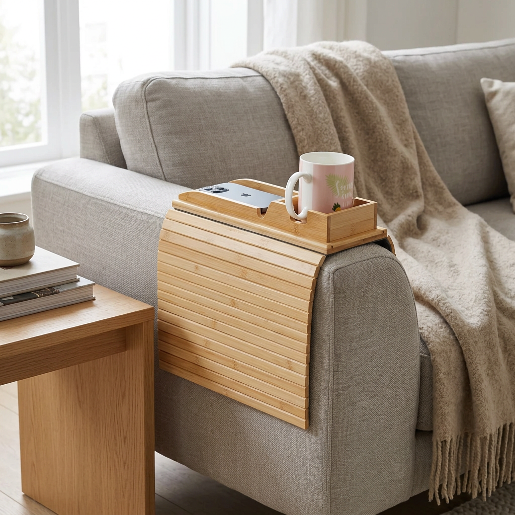 Bamboo sofa armrest tray on a grey couch arm, holding a mug and a phone next to a throw blanket