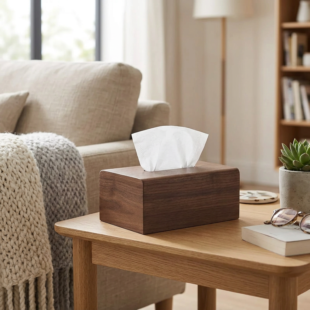 Walnut Wood Tissue Box, lifestyle photo