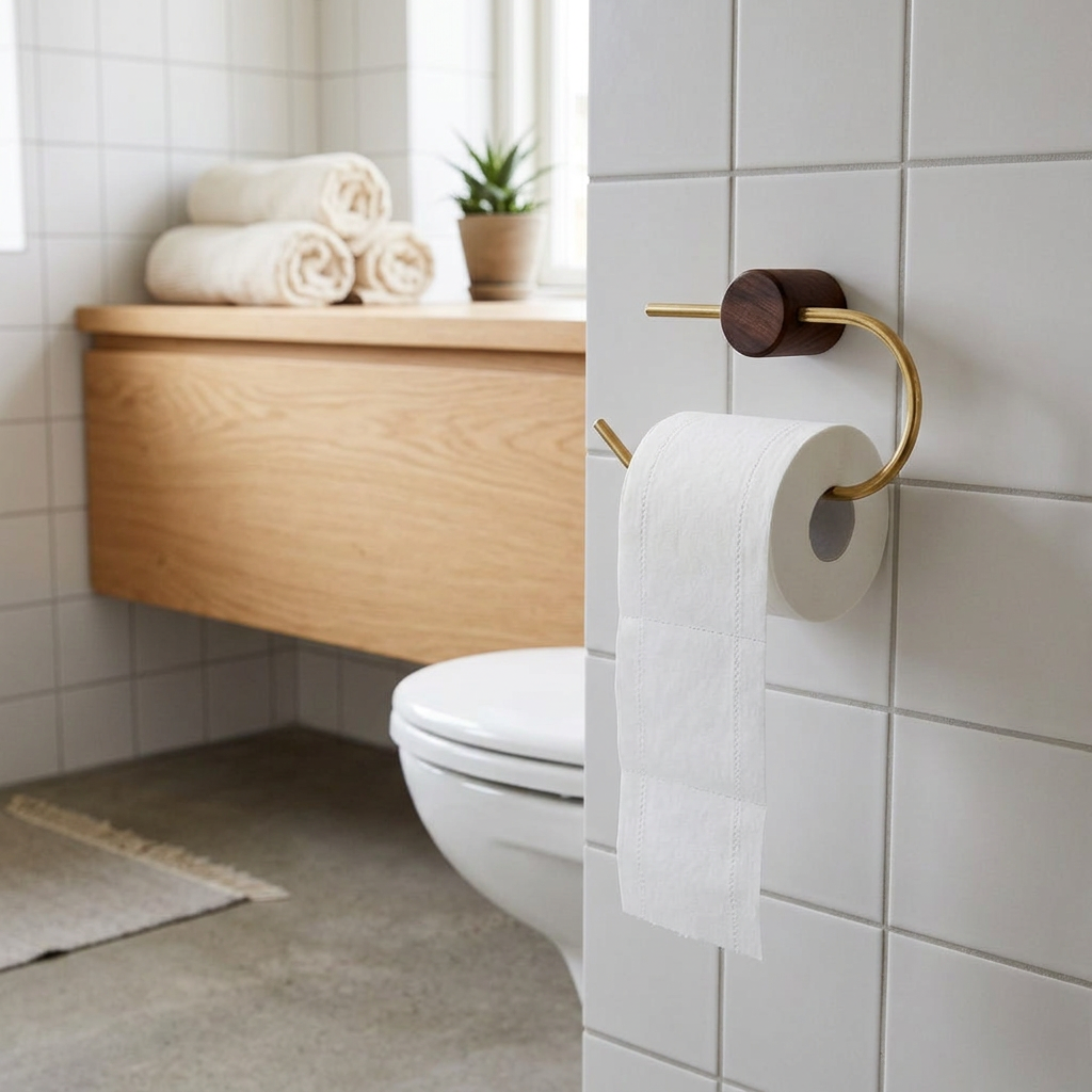 Wood and Brass Toilet Paper Holder, bathroom accessory, lifestyle photo