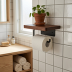 Walnut Shelf Toilet Paper Holder, bathroom accessory, lifestyle photo