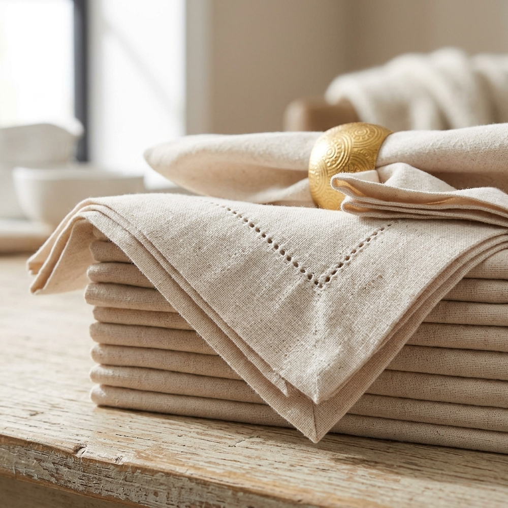 Hemstitched Linen Napkins Set of 6, Natural Cloth Dinner Napkins for Dining Tables, Weddings, Restaurants and Bulk Wholesale Orders