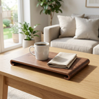 Black walnut coffee tray with rolled underside edges on a coffee table