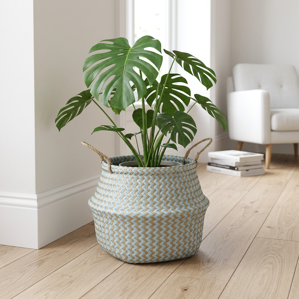 Striped seagrass belly basket on the floor with a plant