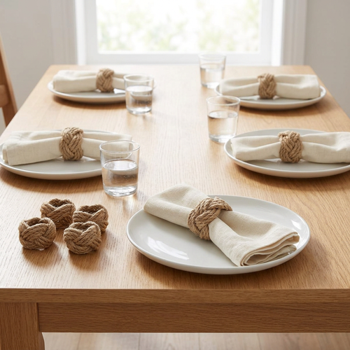 Braided jute napkin rings on linen napkins at a set table