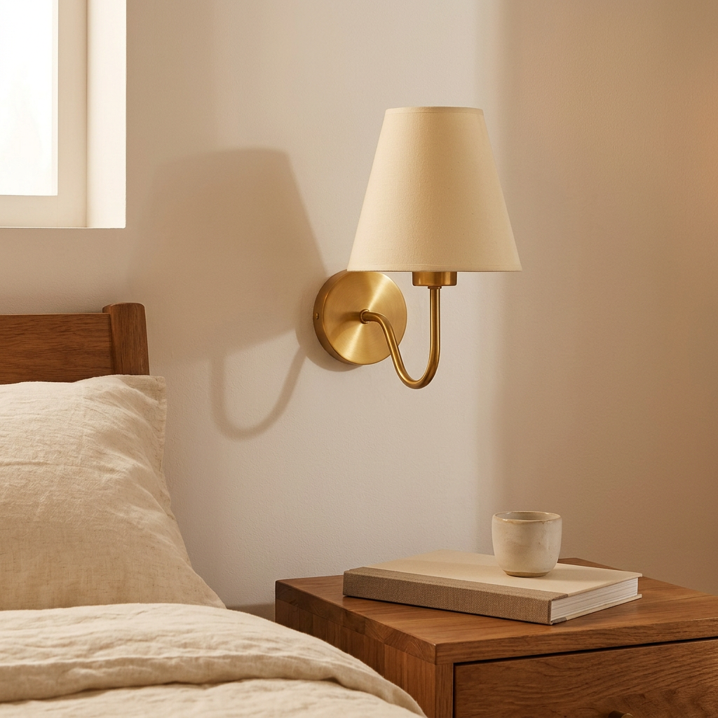 Gold fabric shade wall lamp above a bedside table