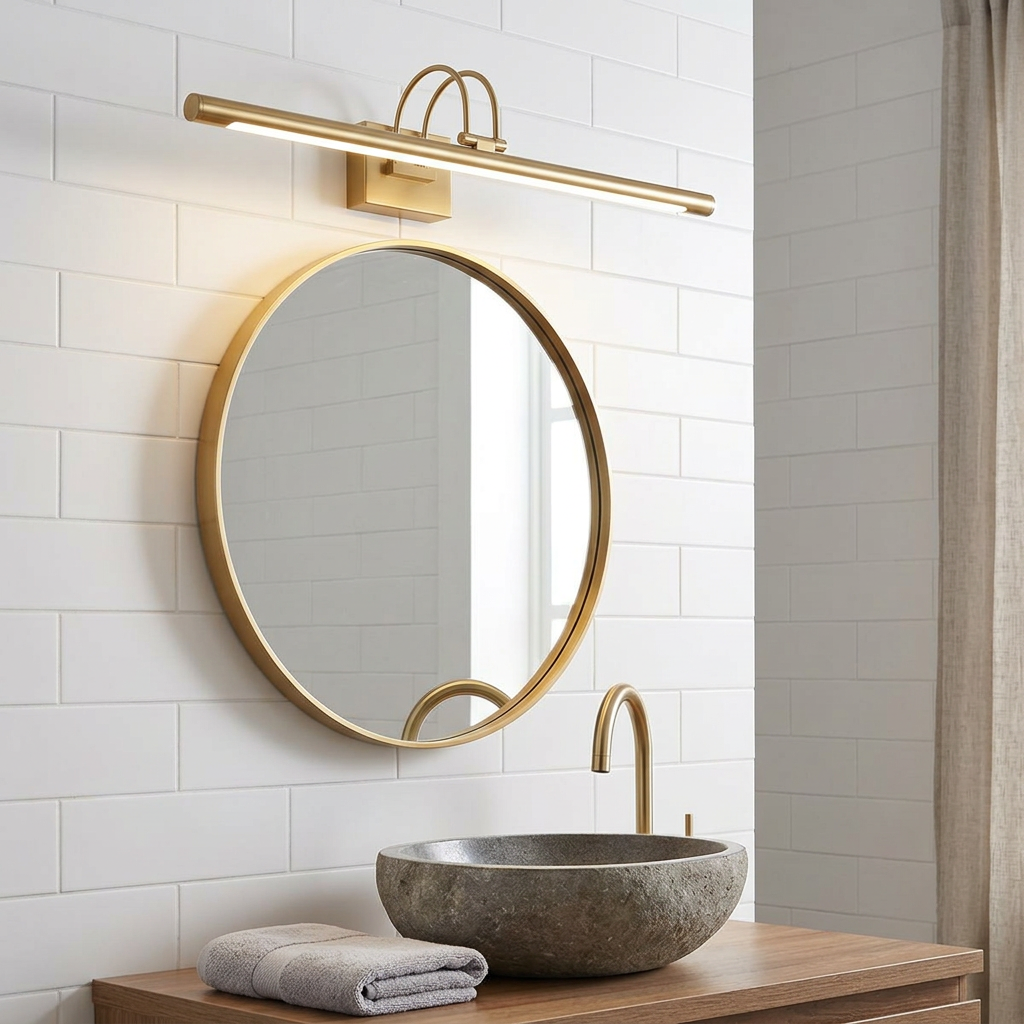 Gold LED mirror light above a round bathroom mirror