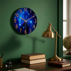 Dark blue glass wall clock in a green home office