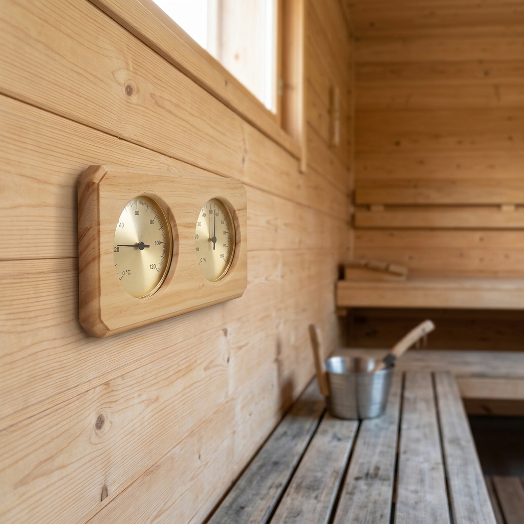 Wooden sauna thermometer and hygrometer on a sauna wall