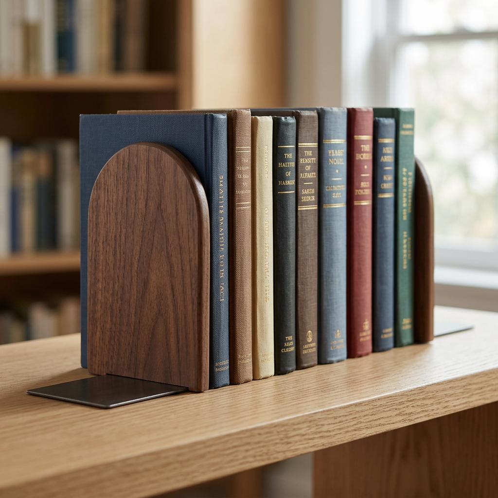 Walnut bookends with metal base plates holding books