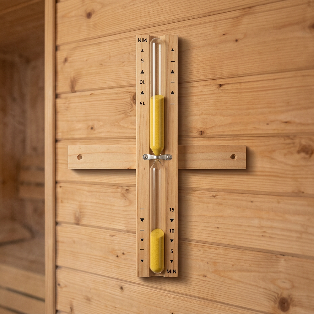 Wooden sauna sand timer mounted on a sauna wall