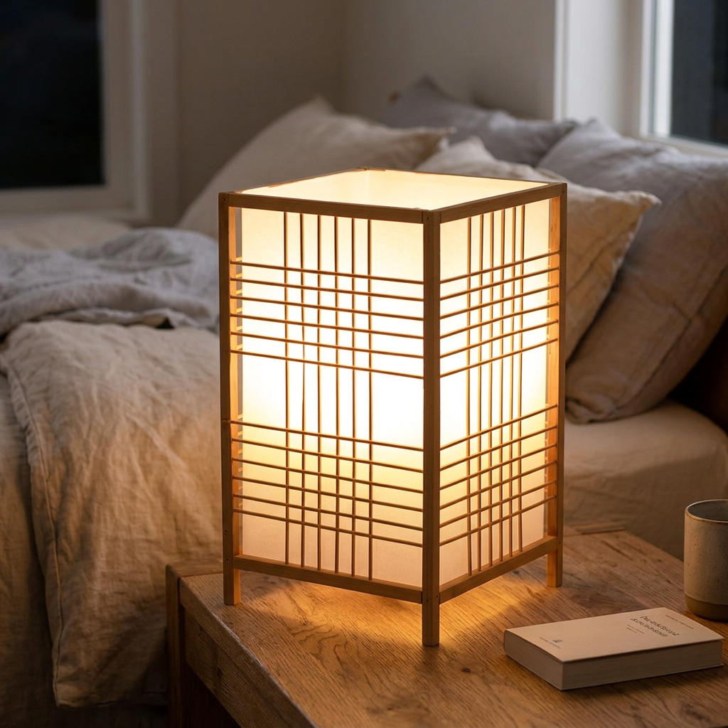 Woven bamboo lantern table lamp lit on a bedside table