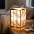 Woven bamboo lantern table lamp lit on a bedside table