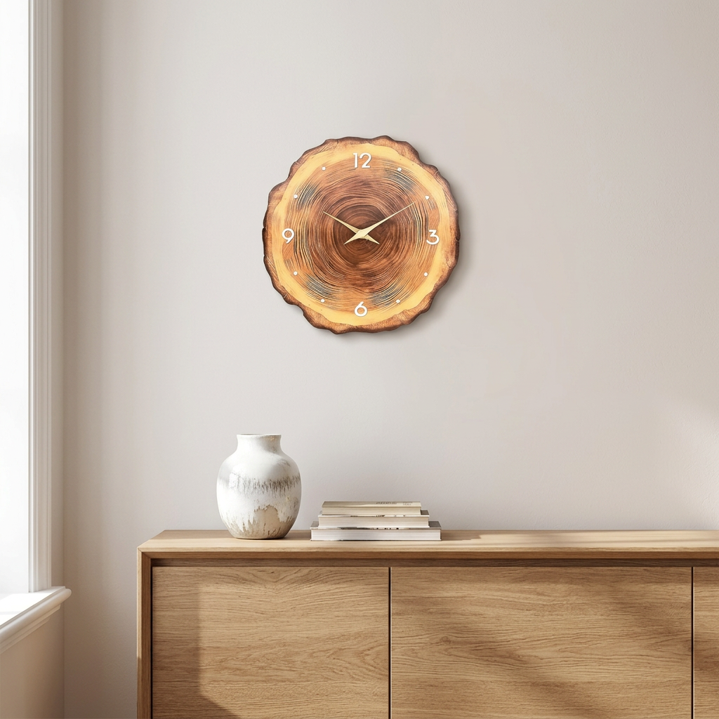 Tree ring wood veneer wall clock above an oak sideboard