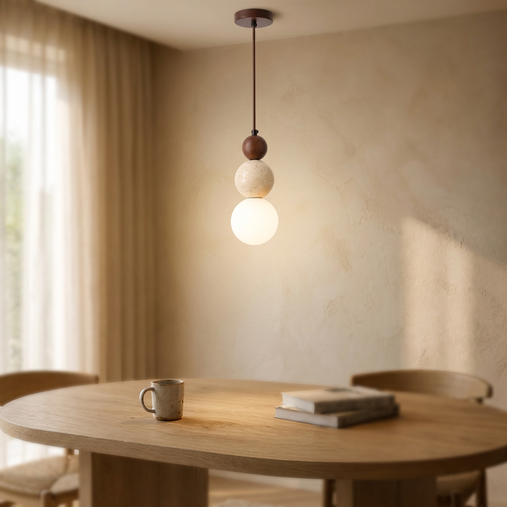 Travertine and Glass Bead Pendant Light, lifestyle photo