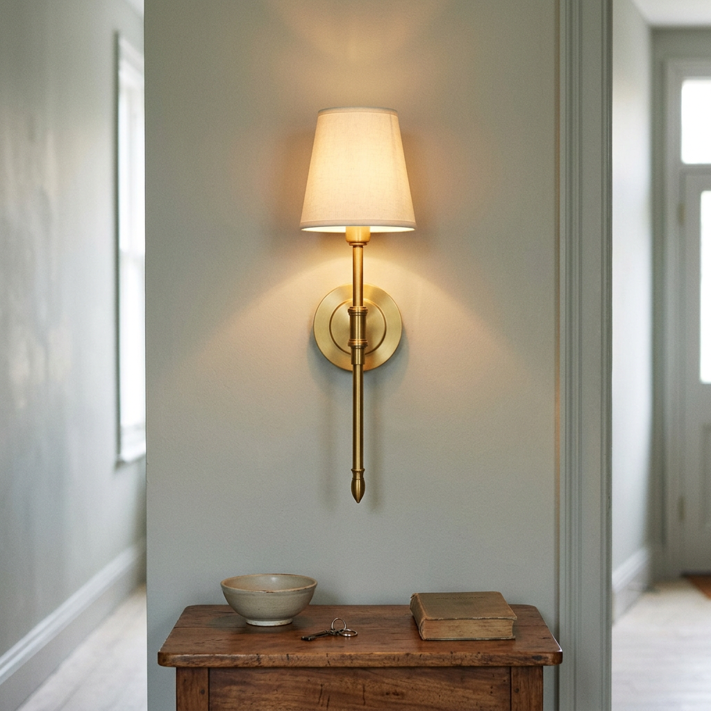 Brass Wall Sconce with Linen Shade, lifestyle photo