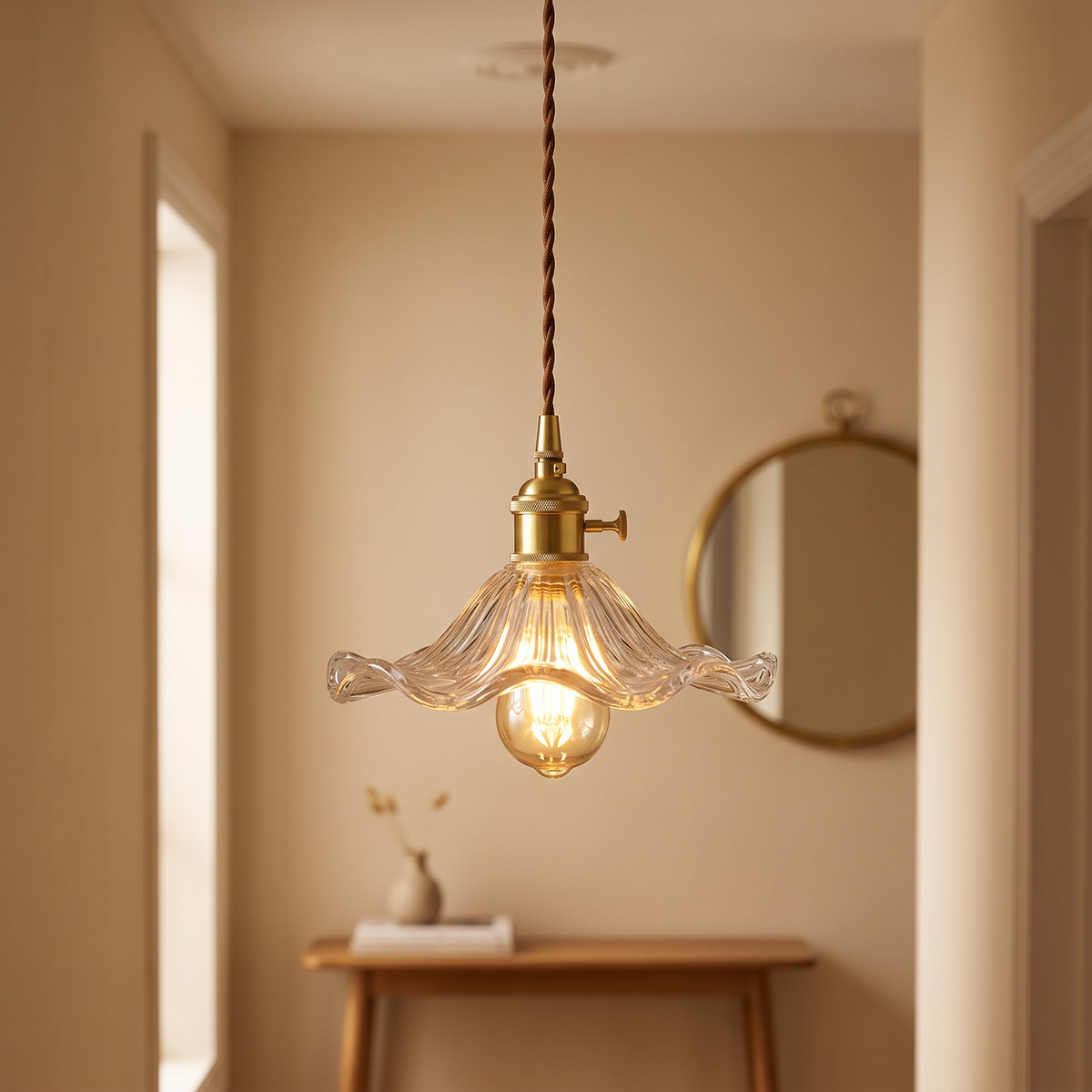 Ribbed Glass Flower Pendant Light, lifestyle photo