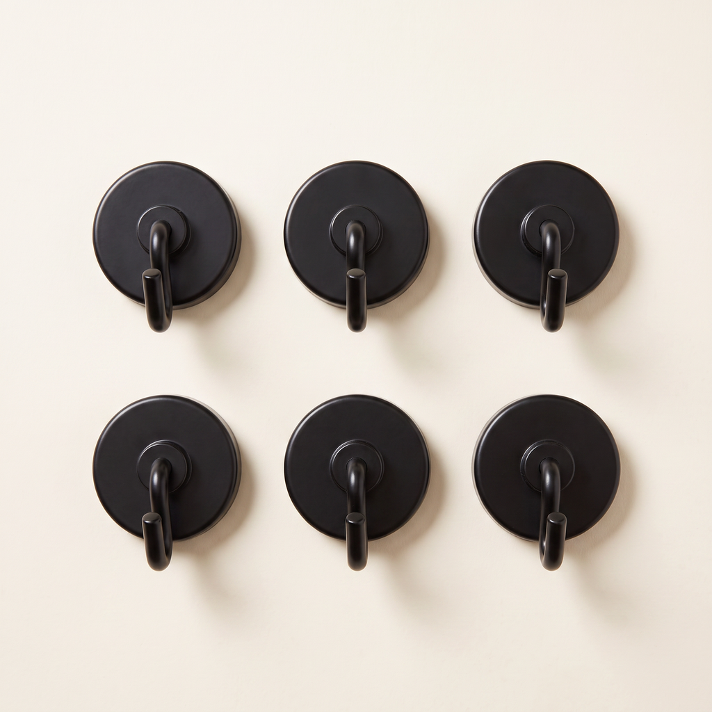 Six black magnetic hooks, product photo