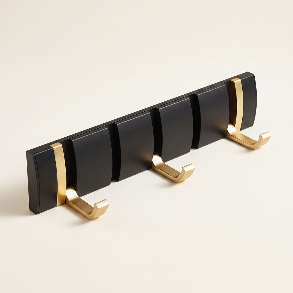 Folding Wall Hook Rack, No-Drill 5-Hook Towel and Coat Hanger for Bathroom, Hallway and Bedroom, Black or Black and Gold