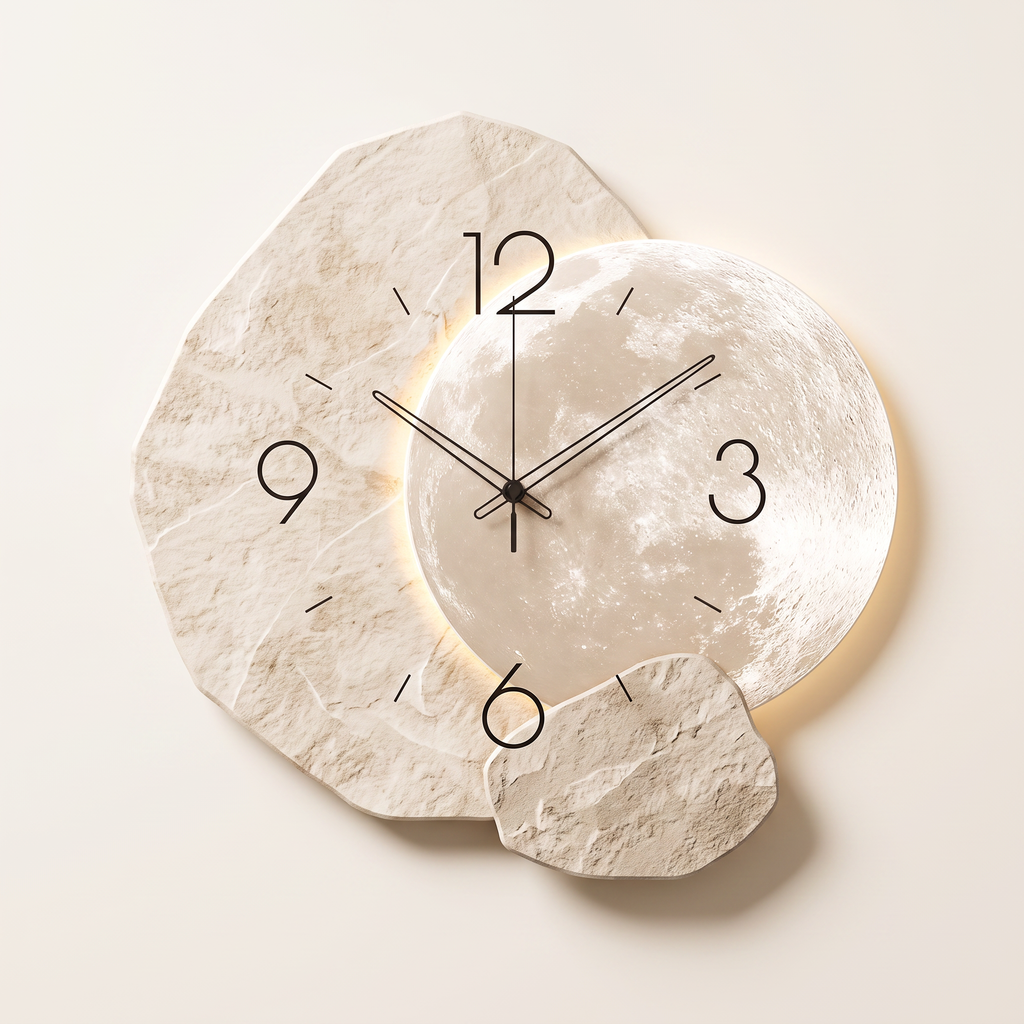 Moon wall clock on an irregular stone slab, product photo
