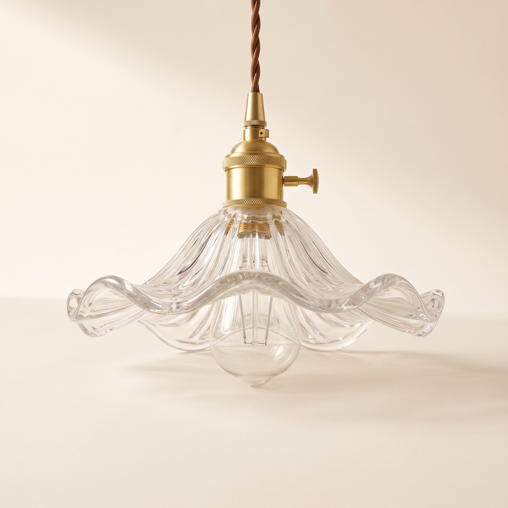 Ribbed Glass Flower Pendant Light, Brass Fitting Ceiling Lamp for Bathroom, Hallway and Bedroom, Clear or Amber Glass