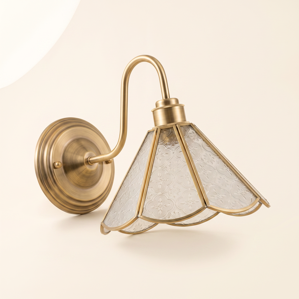Brass gooseneck wall sconce with scalloped glass shade, product photo