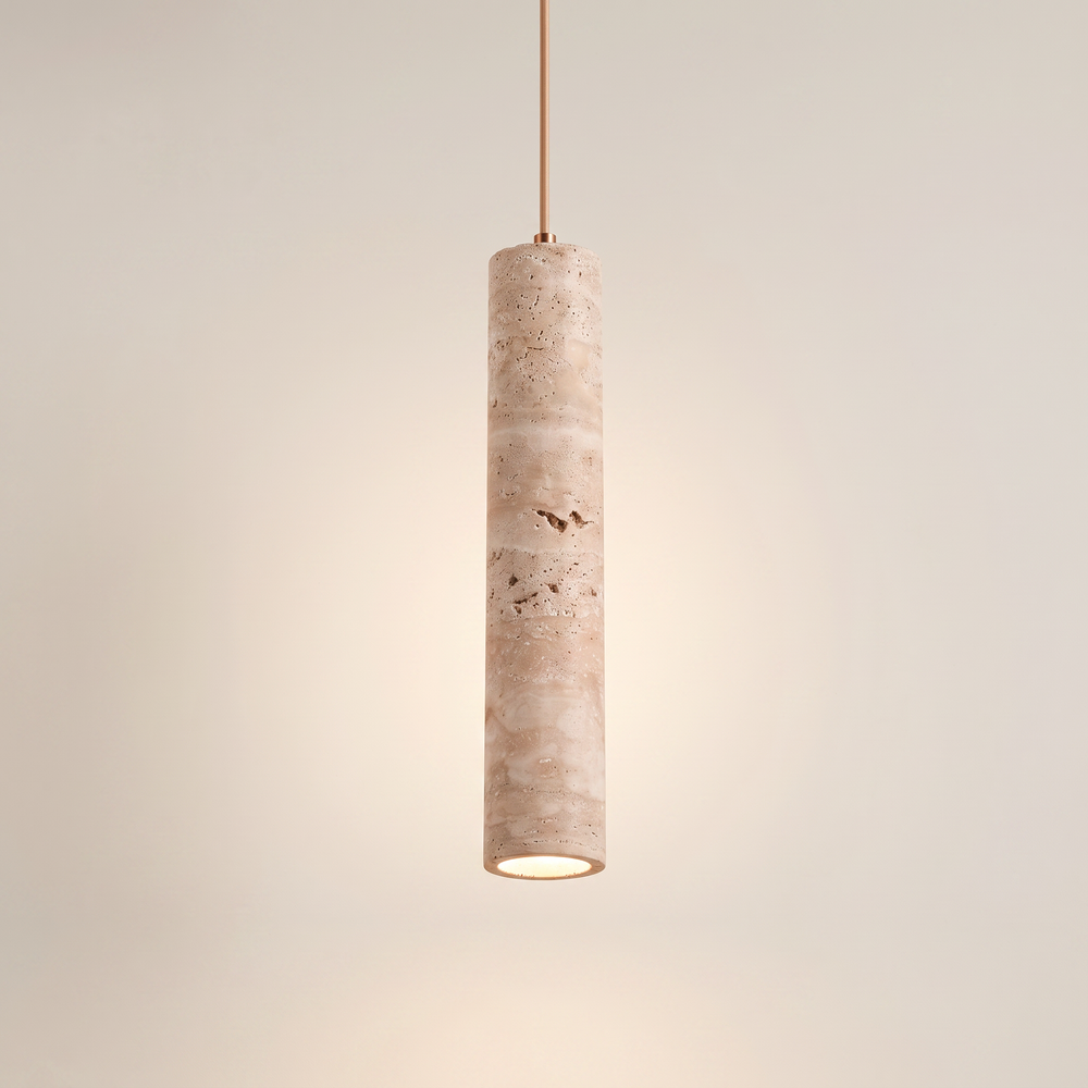 Travertine Tube Pendant Light, Backlit Stone Ceiling Lamp for Kitchen Island, Bar Counter and Restaurant, Warm White