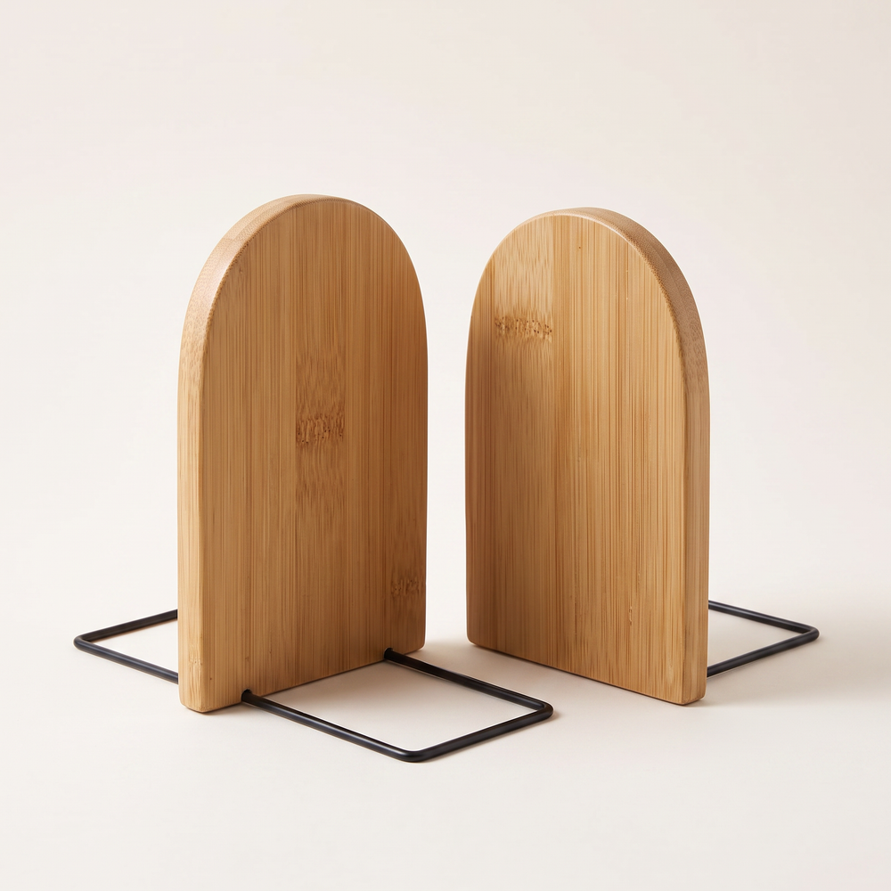Bamboo Bookends Set of 2, Arched Wooden Book Stoppers for Shelves, Desk and Office, Small or Large