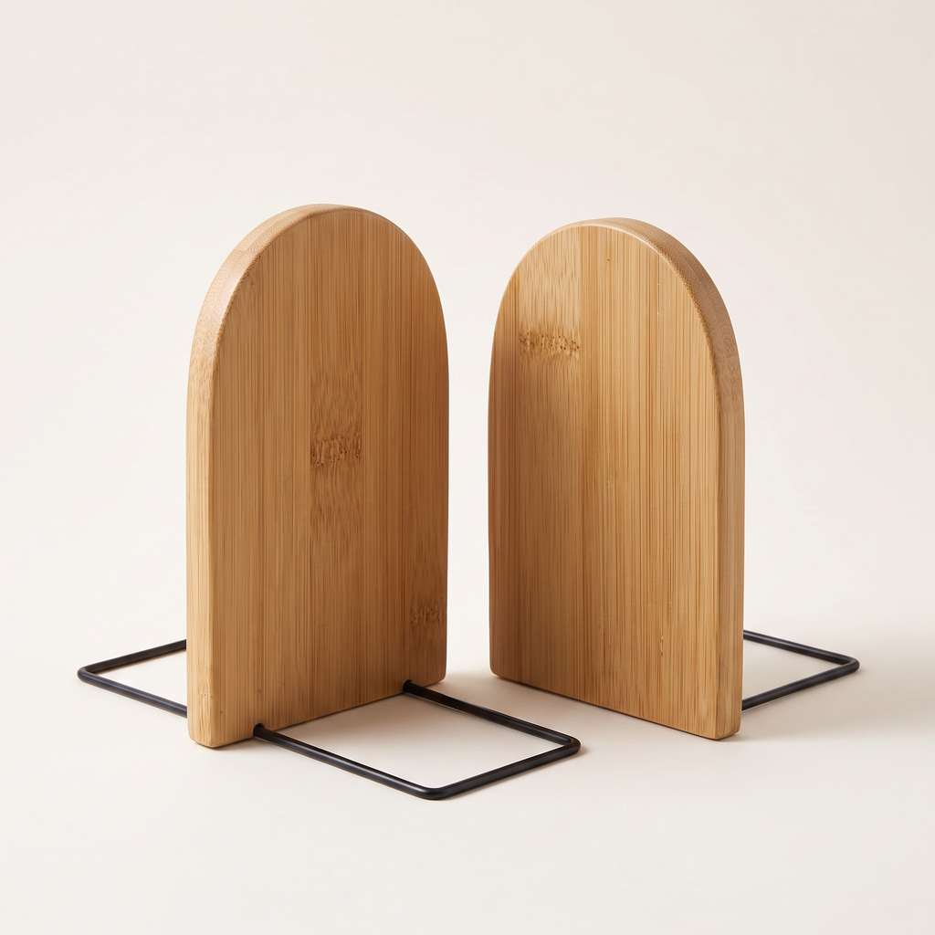 Set of two arched bamboo bookends, product photo