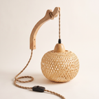 Bamboo lantern wall lamp with wooden bracket and inline switch, product photo
