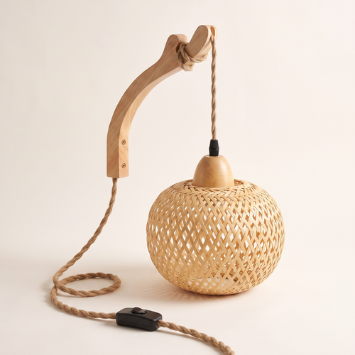 Bamboo lantern wall lamp with wooden bracket and inline switch, product photo